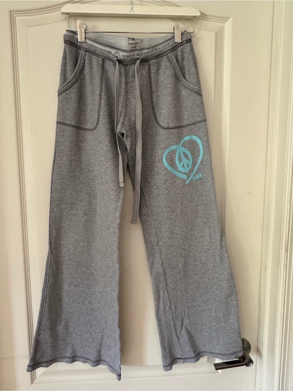 PINK Victoria's Secret Gray Wide Leg Sweatpants with Aqua Heart Peace Logo